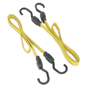 Two Sealey Flat Bungee Cords, part of the BCS18 set (each 910mm long), featuring extra-strong yellow straps and heavy-duty steel hooks on both ends, are placed side by side on a neutral background.