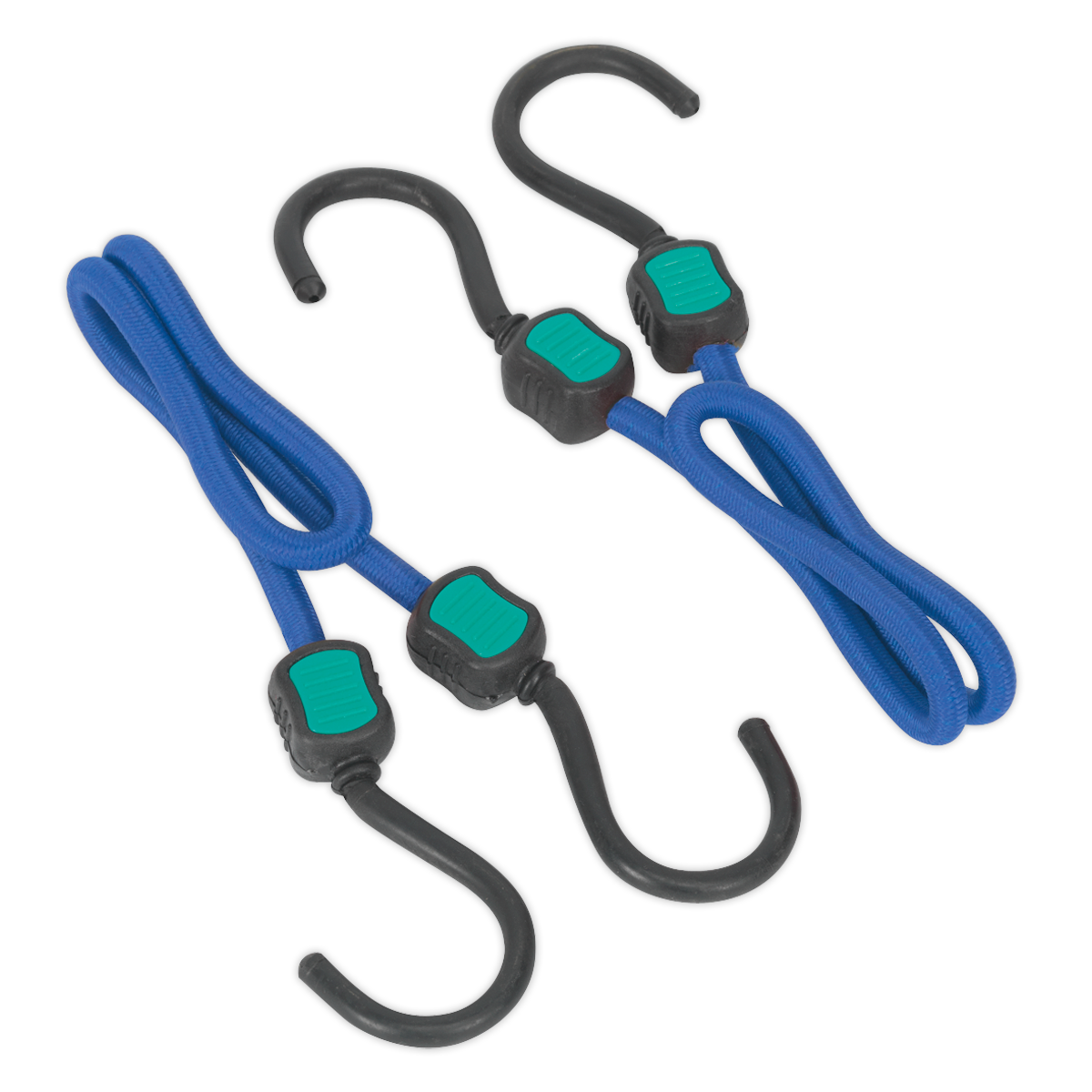 Two blue bungee cords from Sealey's Bungee Cord Set 2pc 460mm - BCS19, featuring heavy-duty polypropylene braid, black steel hooks, and green clips, lie coiled on a white background.