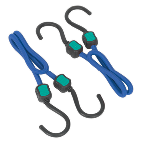 Two blue bungee cords from Sealey's Bungee Cord Set 2pc 460mm - BCS19, featuring heavy-duty polypropylene braid, black steel hooks, and green clips, lie coiled on a white background.