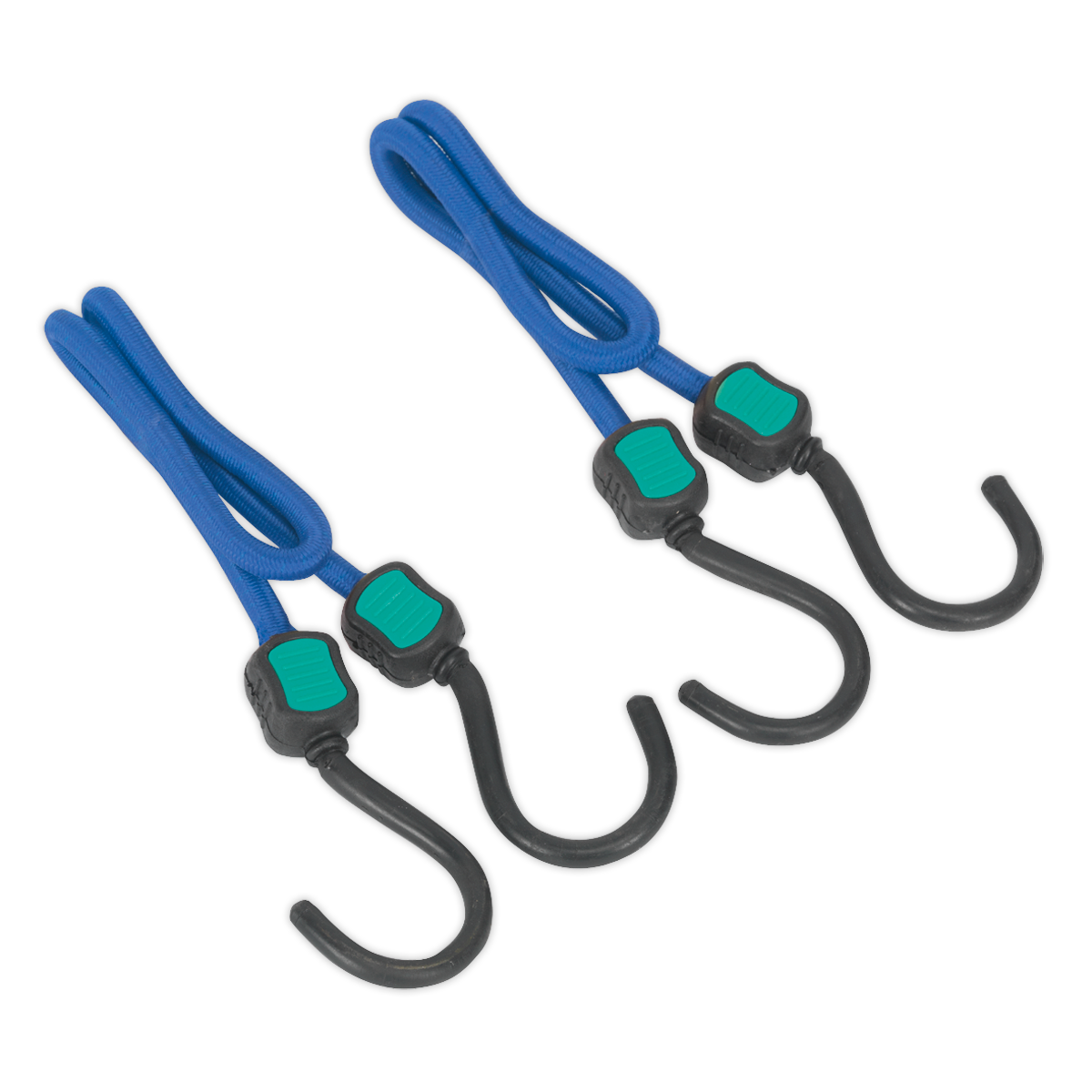 Two Bungee Cord Set 2pc 460mm - BCS19 by Sealey, featuring blue cords with black steel hooks and green adjustment clips, made from heavy-duty polypropylene braid for maximum elasticity, arranged side by side on a white background.