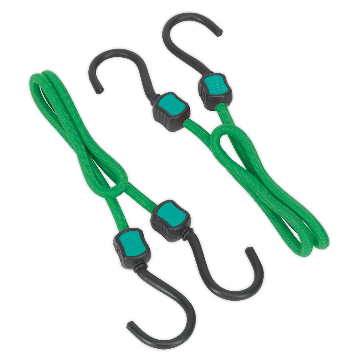 The Bungee Cord Set 2pc 610mm - BCS21 by Sealey, consisting of two green cords with black steel hooks and teal accents, featuring a durable polypropylene braid, is laid out on a white background.