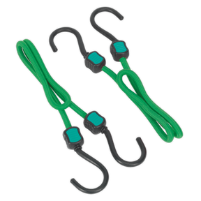 The Bungee Cord Set 2pc 610mm - BCS21 by Sealey, consisting of two green cords with black steel hooks and teal accents, featuring a durable polypropylene braid, is laid out on a white background.