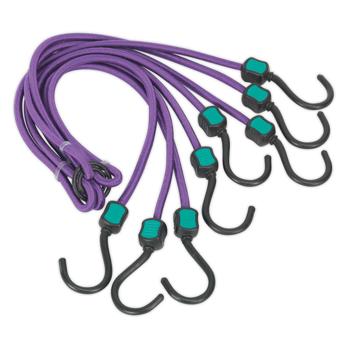 A bundle of Sealey Bungee Cord 1000mm Octopus (BCS23) in purple, equipped with black and green nylon-coated steel hooks on each end, perfect for securing awkward items to roof racks, arranged in a slightly fanned-out manner.