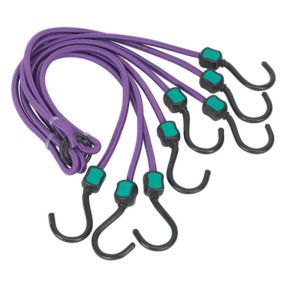 A bundle of Sealey Bungee Cord 1000mm Octopus (BCS23) in purple, equipped with black and green nylon-coated steel hooks on each end, perfect for securing awkward items to roof racks, arranged in a slightly fanned-out manner.