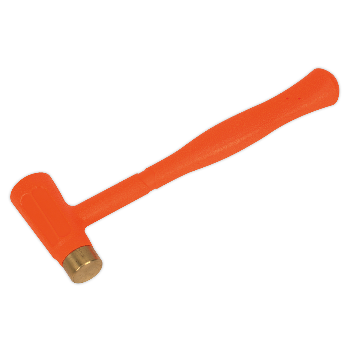 Orange rubber mallet with a brass head and a comfortable rubber grip on a white background. A quality product by Sealey, the Brass Faced Dead Blow Hammer 1.5lb - BFH24 ensures safety for various applications with its non-sparking design.