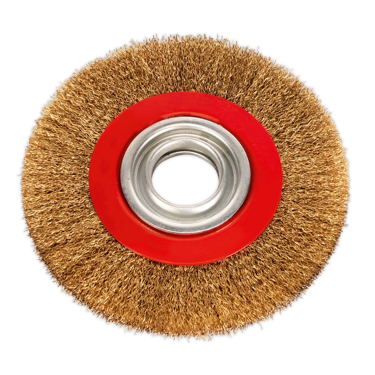 The Sealey Wire Wheel Ø150 x 13mm Ø32mm Bore Narrow - BG150/WW1 is a circular steel wire brush with a red center and metal core, ideal for cleaning or polishing surfaces in the workshop. It is designed for use with bench grinders.