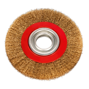 The Sealey Wire Wheel Ø150 x 13mm Ø32mm Bore Narrow - BG150/WW1 is a circular steel wire brush with a red center and metal core, ideal for cleaning or polishing surfaces in the workshop. It is designed for use with bench grinders.