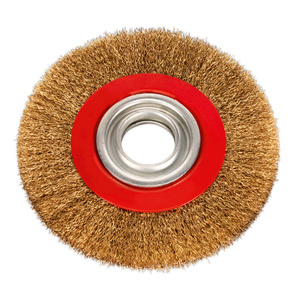 The Sealey Wire Wheel Ø150 x 13mm Ø32mm Bore Narrow - BG150/WW1 is a circular steel wire brush with a red center and metal core, ideal for cleaning or polishing surfaces in the workshop. It is designed for use with bench grinders.