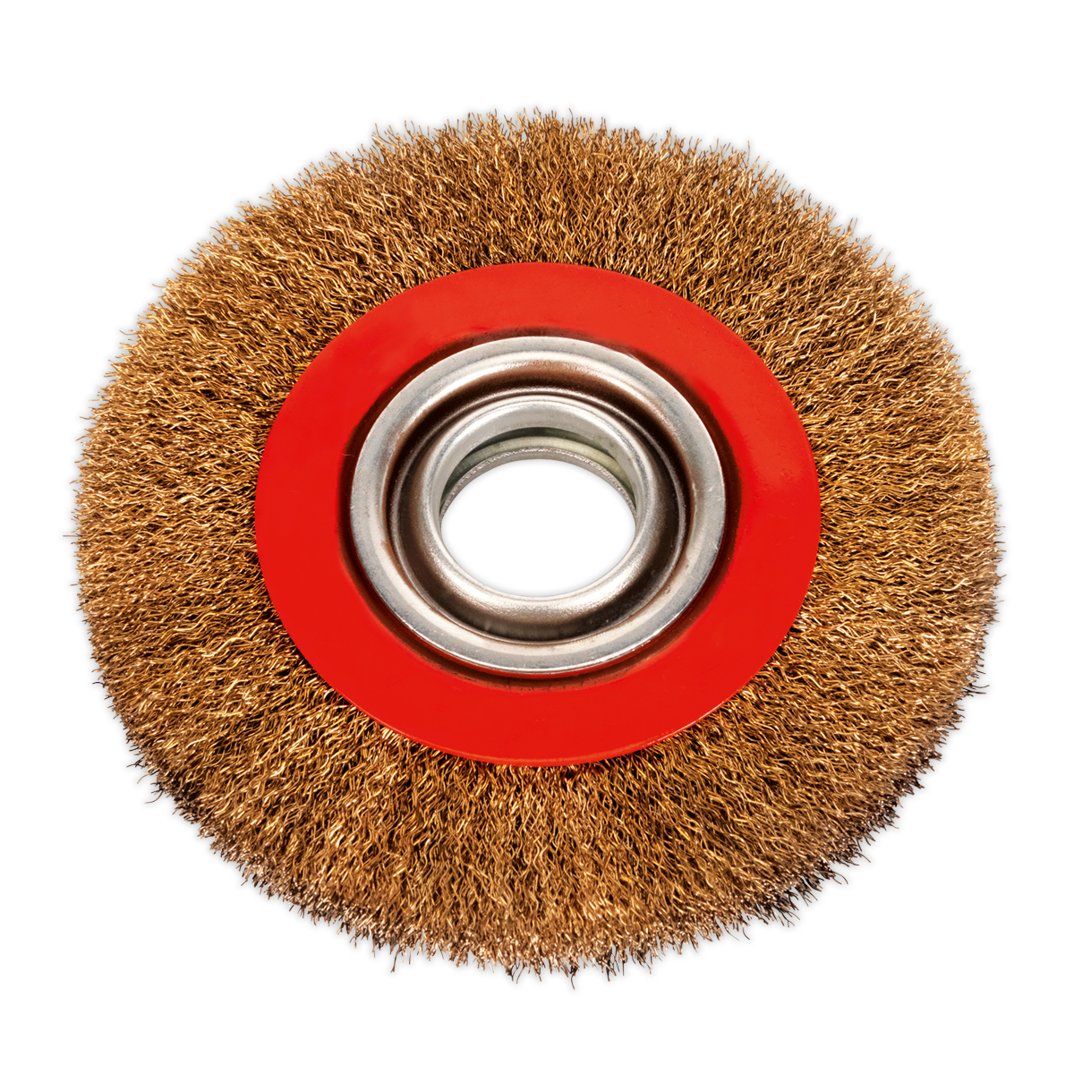 The Sealey Wire Wheel Ø150 x 20mm Ø32mm Bore Wide - BG150/WW2 is a circular bench grinder accessory with a red center and metallic bristles, perfect for general workshop cleaning. Featuring durable brass-coated steel wire wheels, it ensures efficient performance.