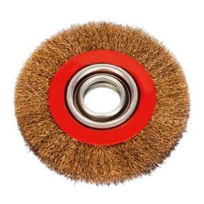 The Sealey Wire Wheel Ø150 x 20mm Ø32mm Bore Wide - BG150/WW2 is a circular bench grinder accessory with a red center and metallic bristles, perfect for general workshop cleaning. Featuring durable brass-coated steel wire wheels, it ensures efficient performance.