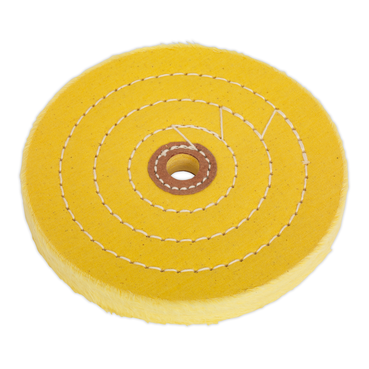 The Buffing Wheel Ø150 x 13mm Ø13mm Bore Coarse - BG150BWC by Sealey is a yellow buffing wheel with a central hole and concentric stitched circles, designed for use with bench grinders and made from coarse grade cotton.