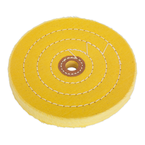 The Buffing Wheel Ø150 x 13mm Ø13mm Bore Coarse - BG150BWC by Sealey is a yellow buffing wheel with a central hole and concentric stitched circles, designed for use with bench grinders and made from coarse grade cotton.