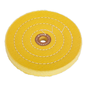 The Buffing Wheel Ø150 x 13mm Ø13mm Bore Coarse - BG150BWC by Sealey is a yellow buffing wheel with a central hole and concentric stitched circles, designed for use with bench grinders and made from coarse grade cotton.