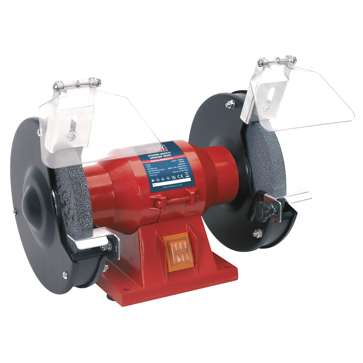 The Sealey Bench Grinder Ø150mm 150W/230V - BG150CX is a compact red bench grinder equipped with aluminous oxide grinding stones, protective shields, and a centrally located on/off switch.