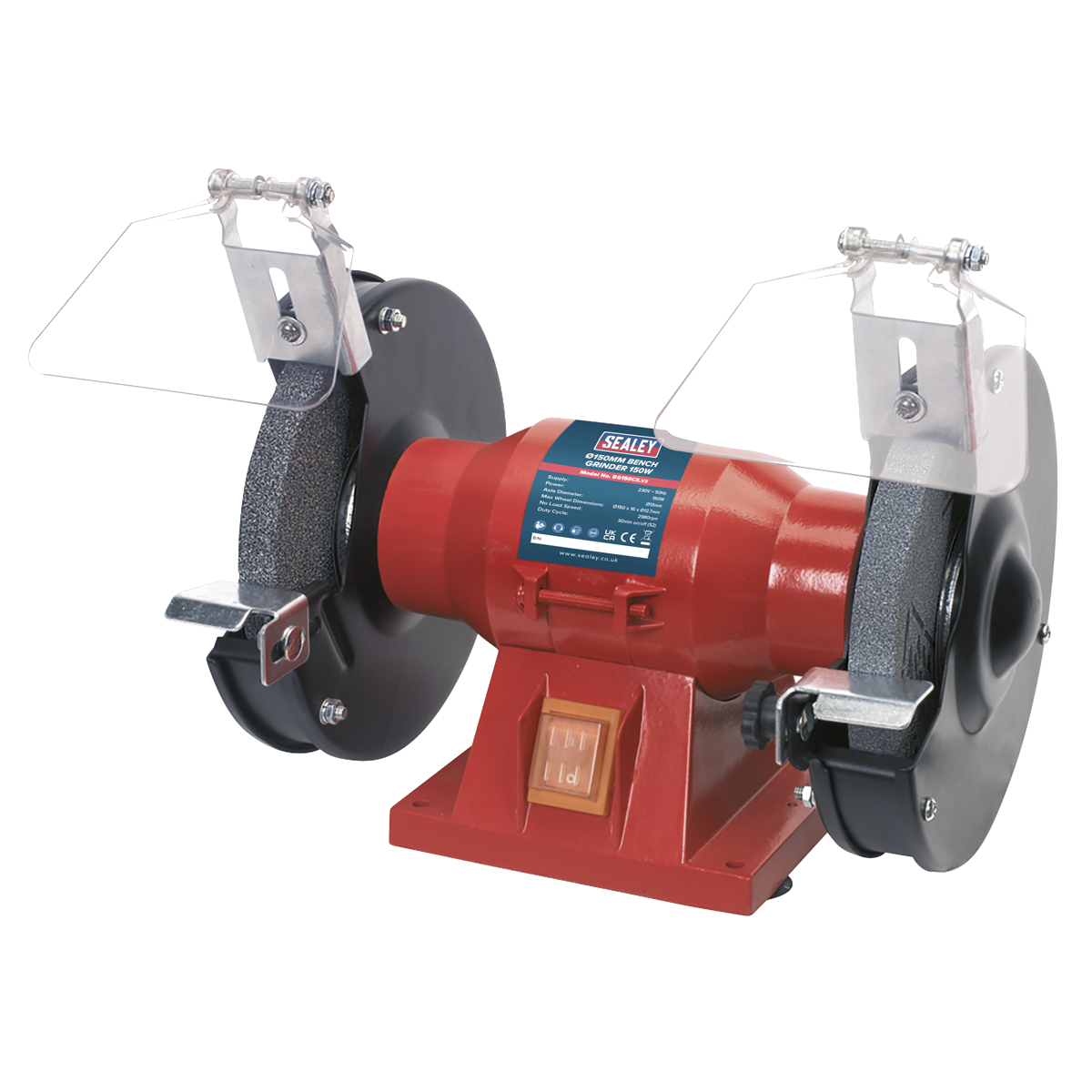 The Sealey Bench Grinder Ø150mm 150W/230V - BG150CX is a red and gray compact bench grinder that features two aluminous oxide grinding stones, safety shields, and a power switch on a central base.