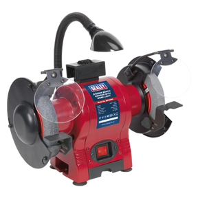 The Sealey Bench Grinder Ø150mm with Worklight 250W/230V - BG150WL is equipped with dual grinding wheels and grinding wheel surfaces. It features a flexible lamp, protective shields, and has a power switch conveniently located on the base. The front label indicates the brand and specifications, making it ideal for general workshop grinding tasks.