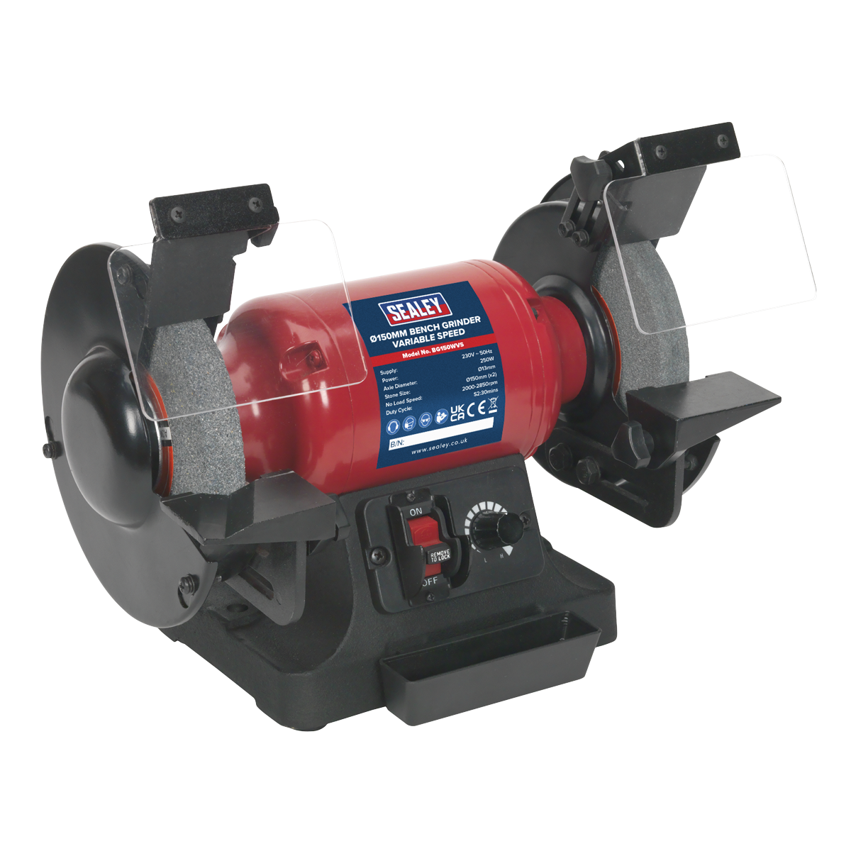 Introducing the Sealey Bench Grinder Ø150mm Variable Speed - BG150WVS, a sophisticated tool featuring a red casing and black base, two grinding wheels, adjustable eye shields, protective shields, control switches, and an induction motor drive.