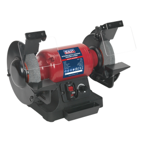 Introducing the Sealey Bench Grinder Ø150mm Variable Speed - BG150WVS, a sophisticated tool featuring a red casing and black base, two grinding wheels, adjustable eye shields, protective shields, control switches, and an induction motor drive.
