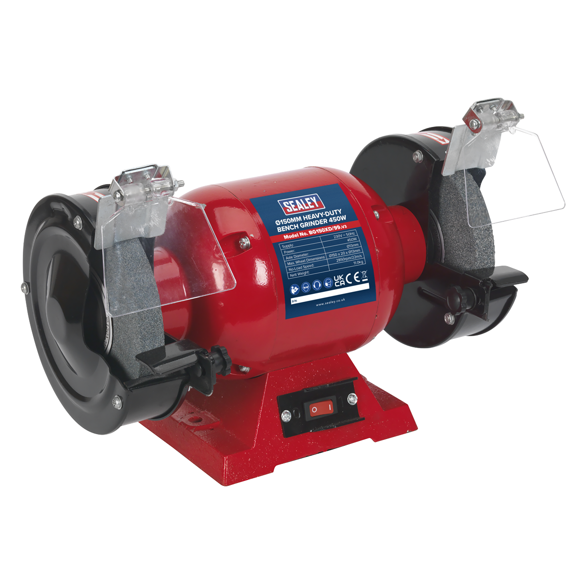 The Sealey Bench Grinder Ø150mm 450W/230V Heavy-Duty - BG150XD/99 features a red and black design, dual aluminous oxide grinding stones, and clear protective shields. It includes an on/off switch at the base, a copper-wound induction motor for improved efficiency, and bears the Sealey brand label on the body—making it ideal for general workshop grinding tasks.