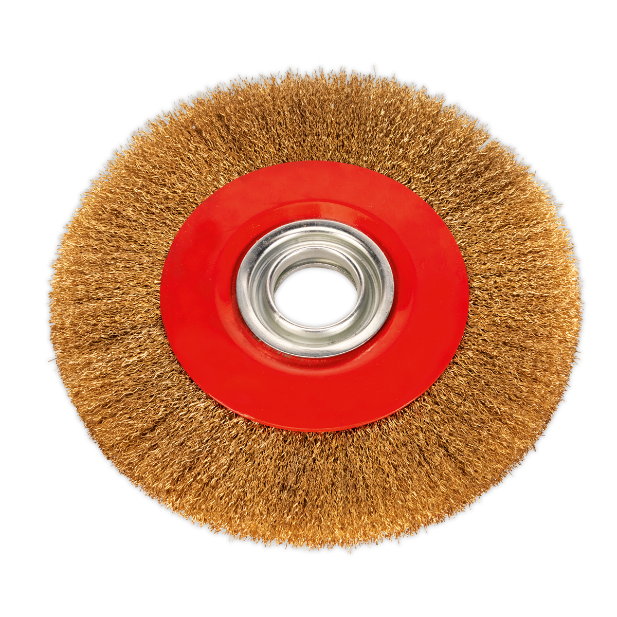 The Sealey Wire Wheel Ø200 x 13mm Ø32mm Bore Narrow - BG200/WW1, a circular brass-coated steel wheel with a red center and metal ring, is ideal for workshop descaling and cleaning tasks, particularly on bench grinders.