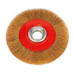 The Sealey Wire Wheel Ø200 x 13mm Ø32mm Bore Narrow - BG200/WW1, a circular brass-coated steel wheel with a red center and metal ring, is ideal for workshop descaling and cleaning tasks, particularly on bench grinders.