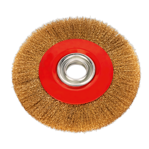 The Sealey Wire Wheel Ø200 x 13mm Ø32mm Bore Narrow - BG200/WW1, a circular brass-coated steel wheel with a red center and metal ring, is ideal for workshop descaling and cleaning tasks, particularly on bench grinders.