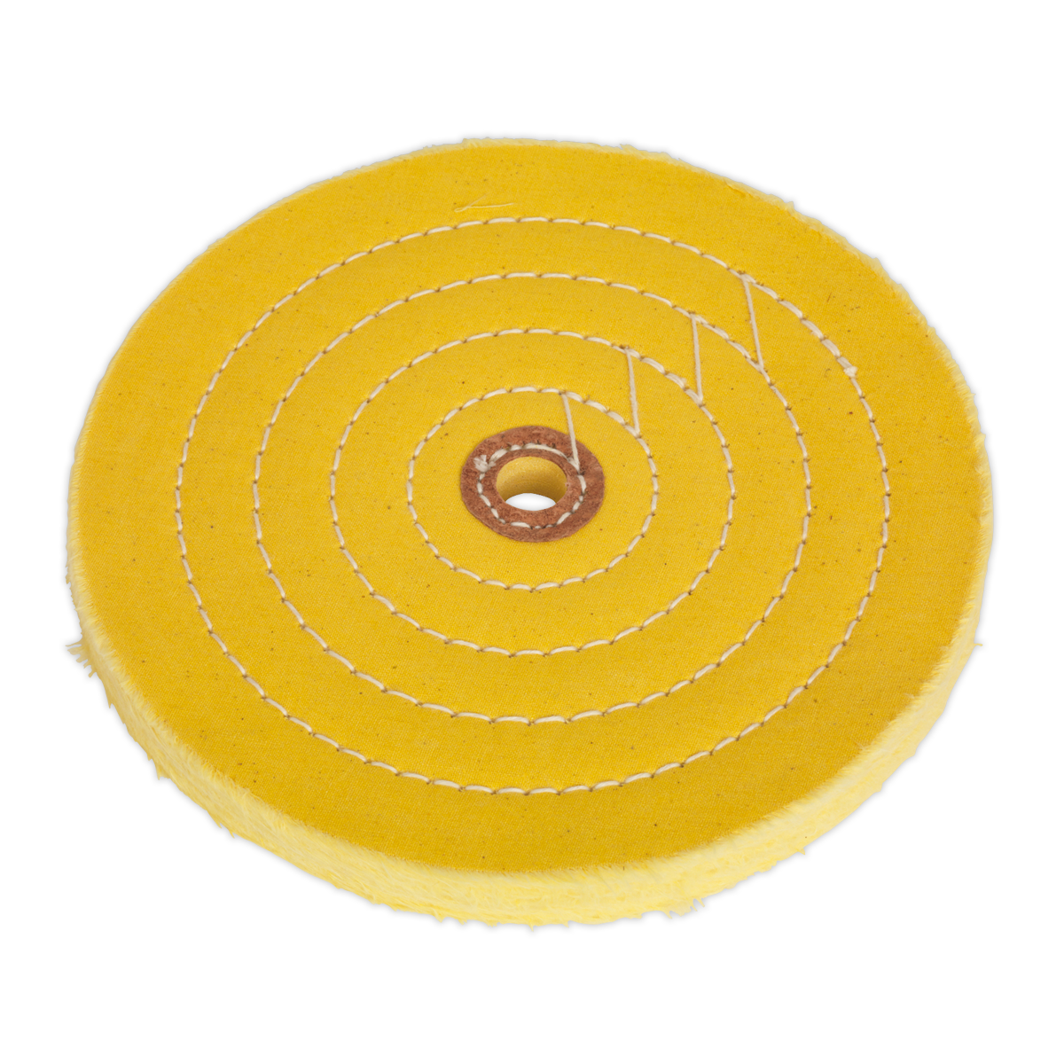 The Sealey Buffing Wheel Ø200 x 16mm Ø16mm Bore Coarse - BG200BWC is a circular, yellow, cotton buffing wheel with concentric stitched lines, suitable for bench grinders and featuring a central hole.