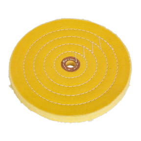 The Sealey Buffing Wheel Ø200 x 16mm Ø16mm Bore Coarse - BG200BWC is a circular, yellow, cotton buffing wheel with concentric stitched lines, suitable for bench grinders and featuring a central hole.