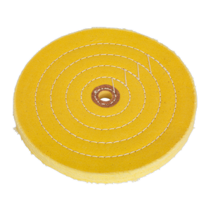 The Sealey Buffing Wheel Ø200 x 16mm Ø16mm Bore Coarse - BG200BWC is a circular, yellow, cotton buffing wheel with concentric stitched lines, suitable for bench grinders and featuring a central hole.