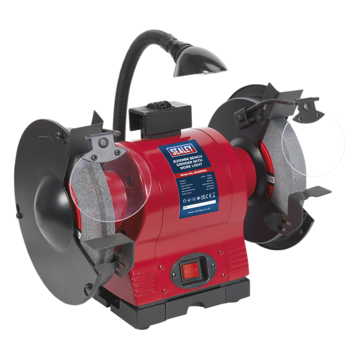 The Sealey Bench Grinder Ø200mm with Worklight 550W/230V - BG200WL features a red body, two grinding wheels with protective guards, a high-power induction motor ideal for workshop use, and an attached flexible lamp for overhead lighting.