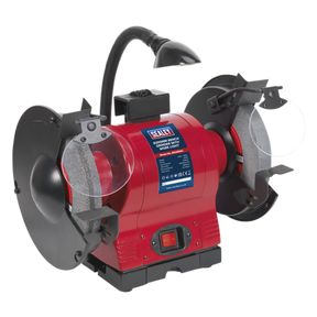 The Sealey Bench Grinder Ø200mm with Worklight 550W/230V - BG200WL features a red body, two grinding wheels with protective guards, a high-power induction motor ideal for workshop use, and an attached flexible lamp for overhead lighting.