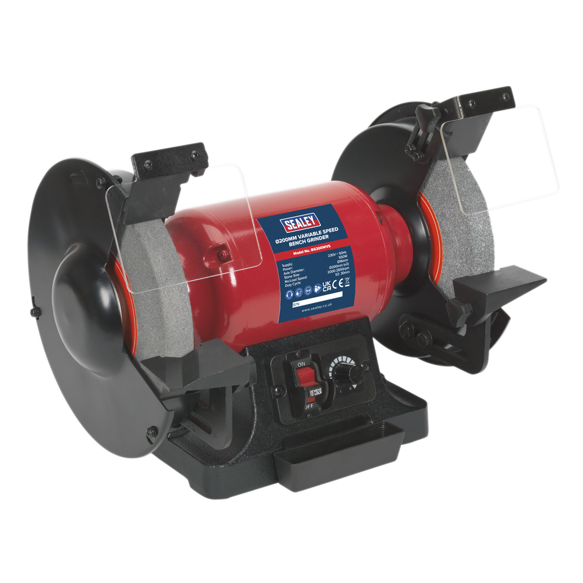 Introducing the Sealey Bench Grinder Ø200mm Variable Speed - BG200WVS, featuring a red body, dual grinding wheels, and protective shields. This electric bench grinder comes with an adjustable tool rest, a central power switch, and variable speed control for precise tool sharpening.