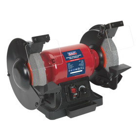 Introducing the Sealey Bench Grinder Ø200mm Variable Speed - BG200WVS, featuring a red body, dual grinding wheels, and protective shields. This electric bench grinder comes with an adjustable tool rest, a central power switch, and variable speed control for precise tool sharpening.