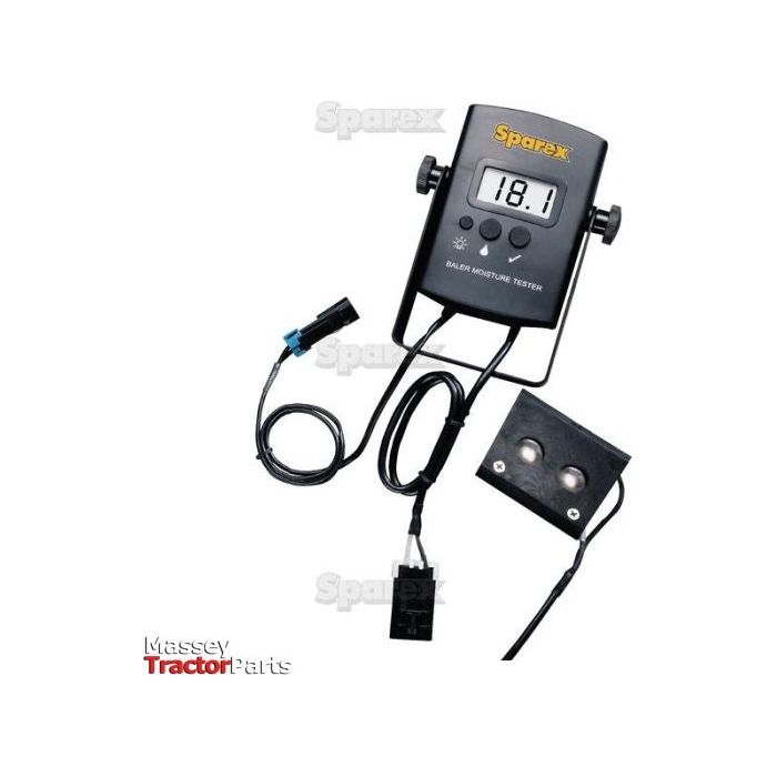 A black BHT-1 Baler-Mounted Hay Moisture Tester - S.58492 by Sparex, featuring a digital display showing "18.1," connected to two black probes with cords, on a white background, ideal for use in balers during hay baling.