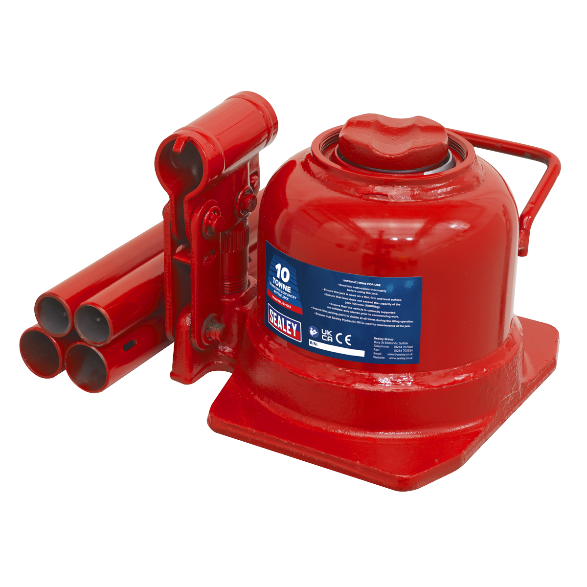 A red Bottle Jack 10 Tonne Low Profile Telescopic - BJ10LE by Sealey, featuring cylindrical side handles, a blue specification label, and a threaded pump assembly for enhanced performance.