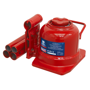 A red Bottle Jack 10 Tonne Low Profile Telescopic - BJ10LE by Sealey, featuring cylindrical side handles, a blue specification label, and a threaded pump assembly for enhanced performance.