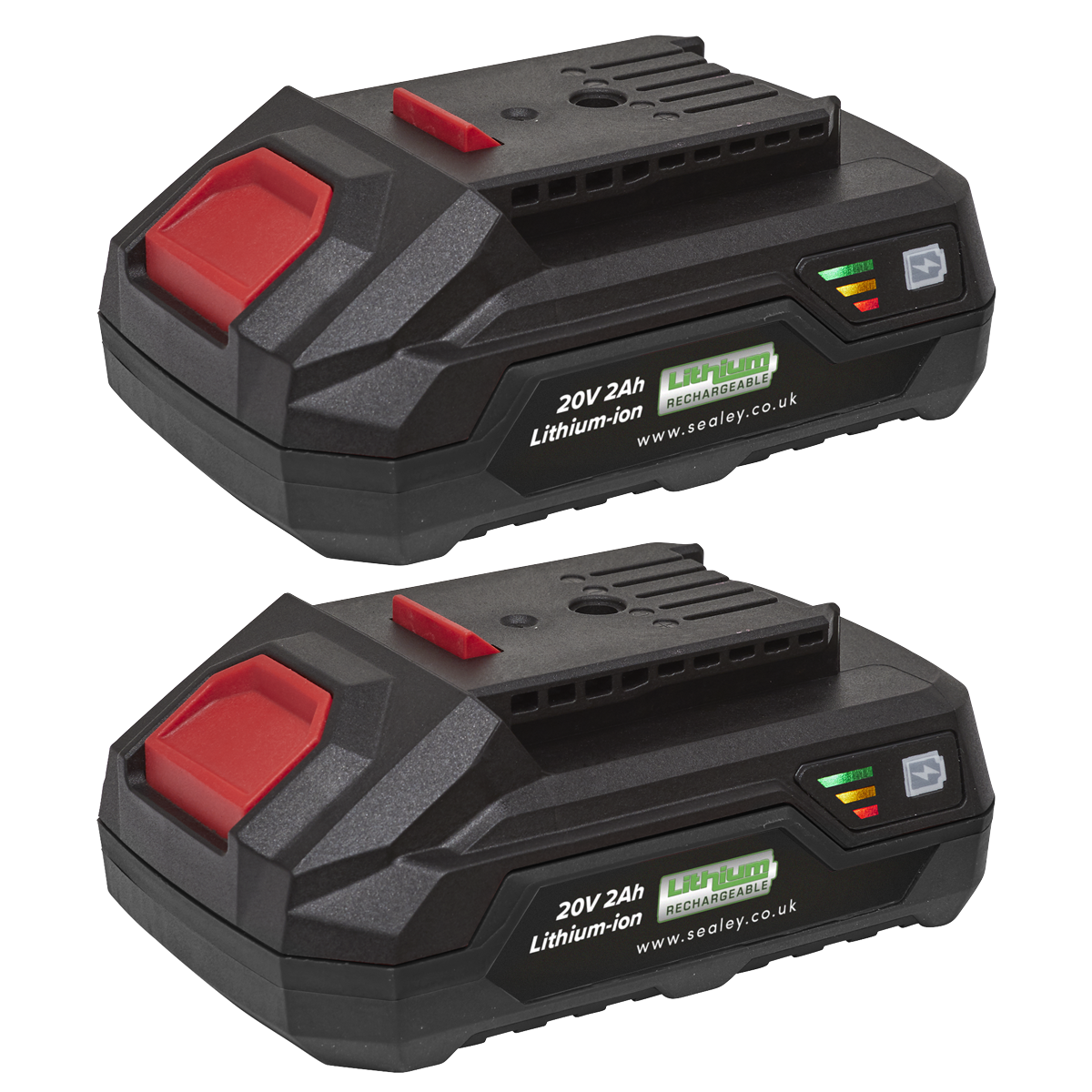 Two Sealey Power Tool Battery Pack 20V 2Ah Kit for SV20 Series - BK02 batteries, each with a red button and labeled "20V 2Ah," lie stacked. The black batteries display charge levels with green, yellow, and red indicators.