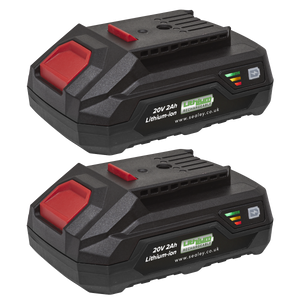 Two Sealey Power Tool Battery Pack 20V 2Ah Kit for SV20 Series - BK02 batteries, each with a red button and labeled "20V 2Ah," lie stacked. The black batteries display charge levels with green, yellow, and red indicators.