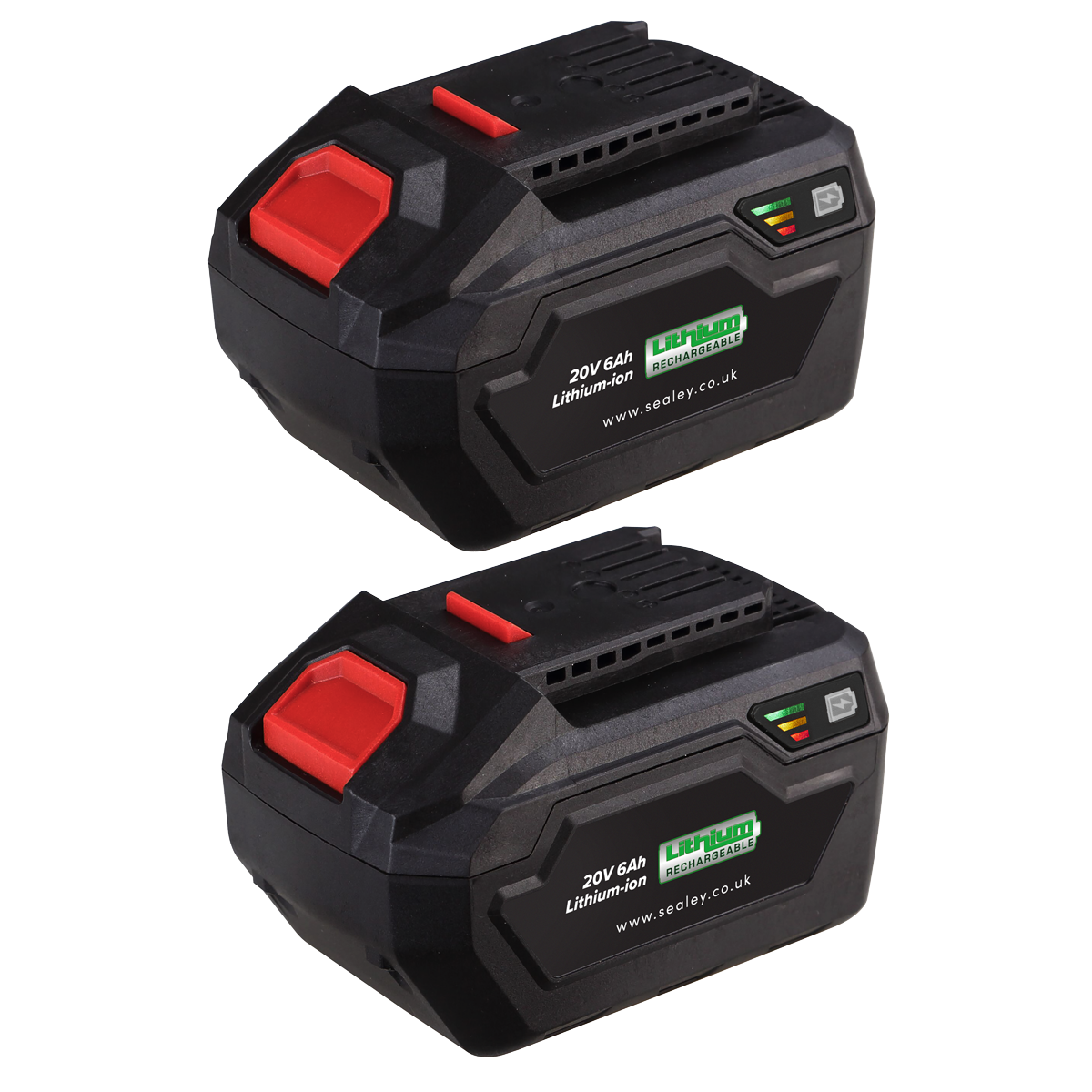 The Power Tool Battery Pack 20V 6Ah Kit for SV20 Series - BK06 by Sealey includes two black rechargeable lithium-ion batteries with red accents and green LED indicators. Labeled "20V 6Ah" and featuring the website "sealey.co.uk," these batteries deliver reliable performance for your high-demand tasks.