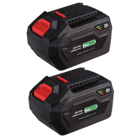 The Power Tool Battery Pack 20V 6Ah Kit for SV20 Series - BK06 by Sealey includes two black rechargeable lithium-ion batteries with red accents and green LED indicators. Labeled "20V 6Ah" and featuring the website "sealey.co.uk," these batteries deliver reliable performance for your high-demand tasks.
