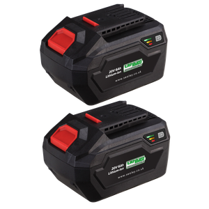 The Power Tool Battery Pack 20V 6Ah Kit for SV20 Series - BK06 by Sealey includes two black rechargeable lithium-ion batteries with red accents and green LED indicators. Labeled "20V 6Ah" and featuring the website "sealey.co.uk," these batteries deliver reliable performance for your high-demand tasks.