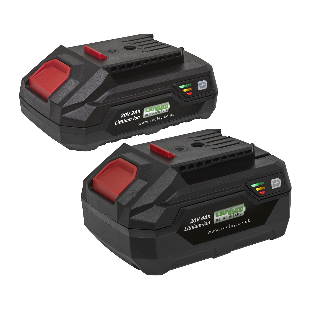 Two black and red Sealey Power Tool Battery Pack 20V 4Ah rechargeable batteries from the SV20 Series, complete with brand labels, model numbers, and status indicators.