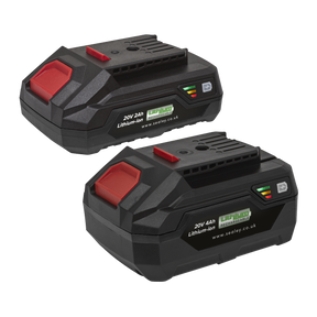 Two black and red Sealey Power Tool Battery Pack 20V 4Ah rechargeable batteries from the SV20 Series, complete with brand labels, model numbers, and status indicators.