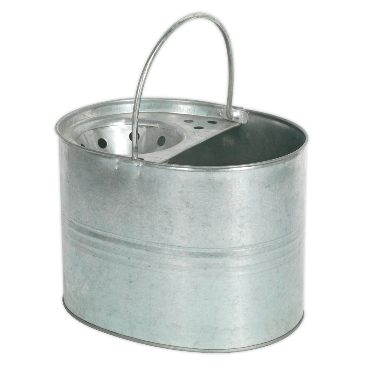 The Sealey Mop Bucket 13L - Galvanized (BM08) is an oval-shaped metal bucket with a handle, featuring a divided compartment with perforations on one side. It is crafted from heavy-duty galvanized steel for durability in both domestic and industrial applications.