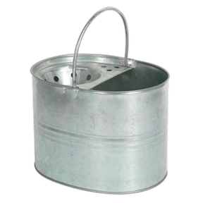 The Sealey Mop Bucket 13L - Galvanized (BM08) is an oval-shaped metal bucket with a handle, featuring a divided compartment with perforations on one side. It is crafted from heavy-duty galvanized steel for durability in both domestic and industrial applications.