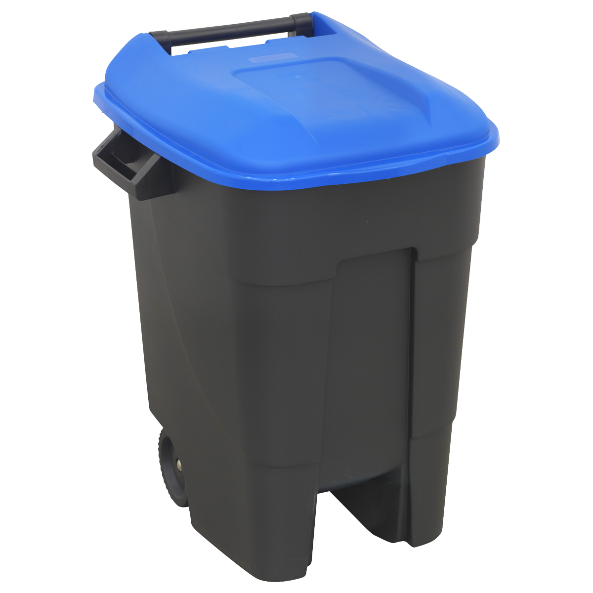 The Refuse/Wheelie Bin 100L - Blue - BM100B by Sealey is a durable refuse bin featuring a robust black plastic construction with a blue lid. Crafted from high-quality materials, it offers a generous 100-litre capacity for ample waste storage. Ideal for everyday use, it's one of the most reliable polypropylene wheelie bins on the market.