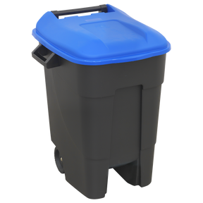 The Refuse/Wheelie Bin 100L - Blue - BM100B by Sealey is a durable refuse bin featuring a robust black plastic construction with a blue lid. Crafted from high-quality materials, it offers a generous 100-litre capacity for ample waste storage. Ideal for everyday use, it's one of the most reliable polypropylene wheelie bins on the market.