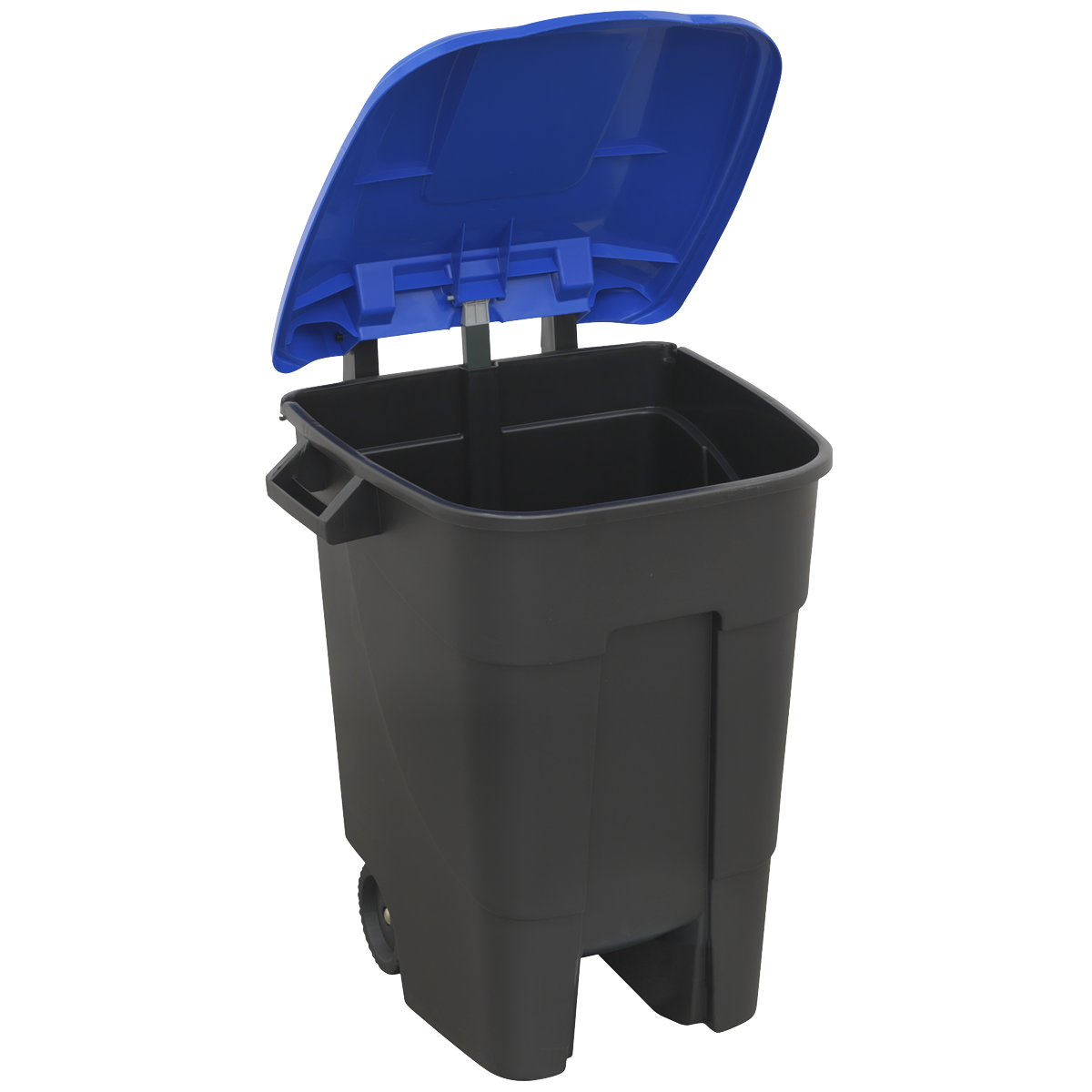 A Sealey Refuse/Wheelie Bin 100L - Blue - BM100B, crafted from durable polypropylene, featuring a black body and a blue open lid with wheels for easy mobility.