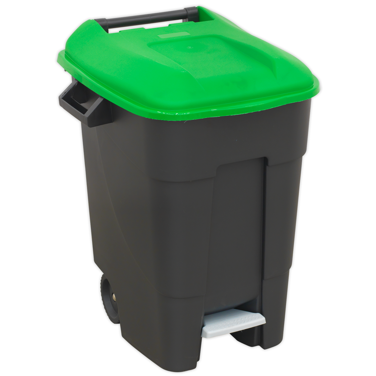 A 100L Sealey Refuse/Wheelie Bin, model BM100PG, in black with a green lid and equipped with a quick release foot pedal at the bottom.