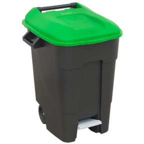 A 100L Sealey Refuse/Wheelie Bin, model BM100PG, in black with a green lid and equipped with a quick release foot pedal at the bottom.